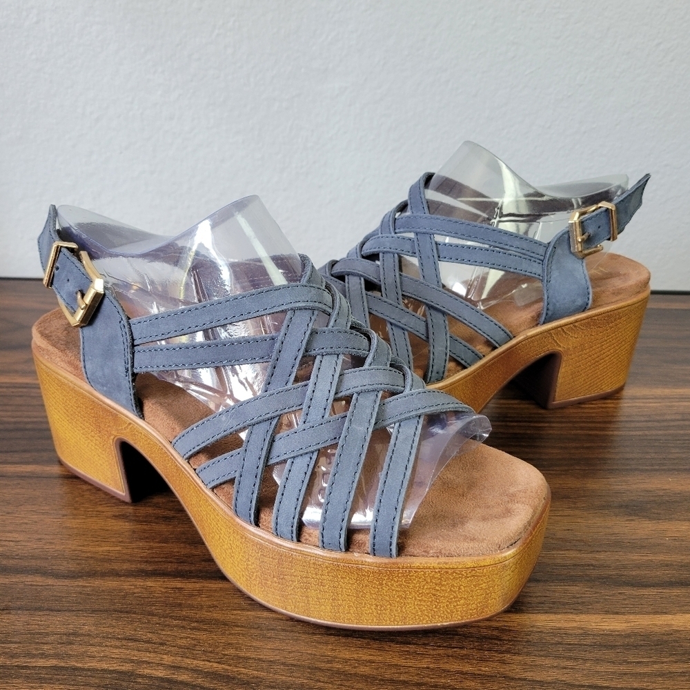 HOUSE OF HARLOW // strappy blueberry suede platform ankle strap block heels